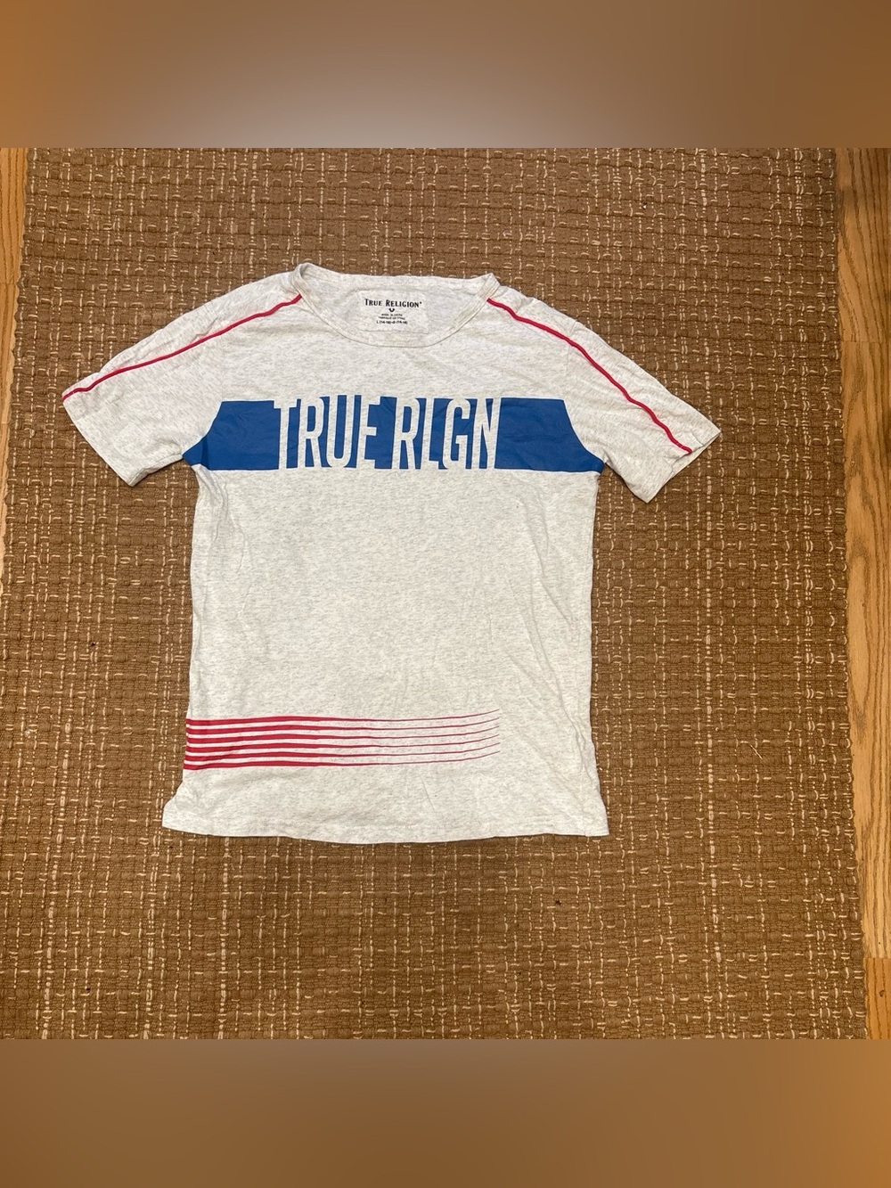 True Religion Gray Short Sleeve Tee with Blue Logo and Red Stripe Accents